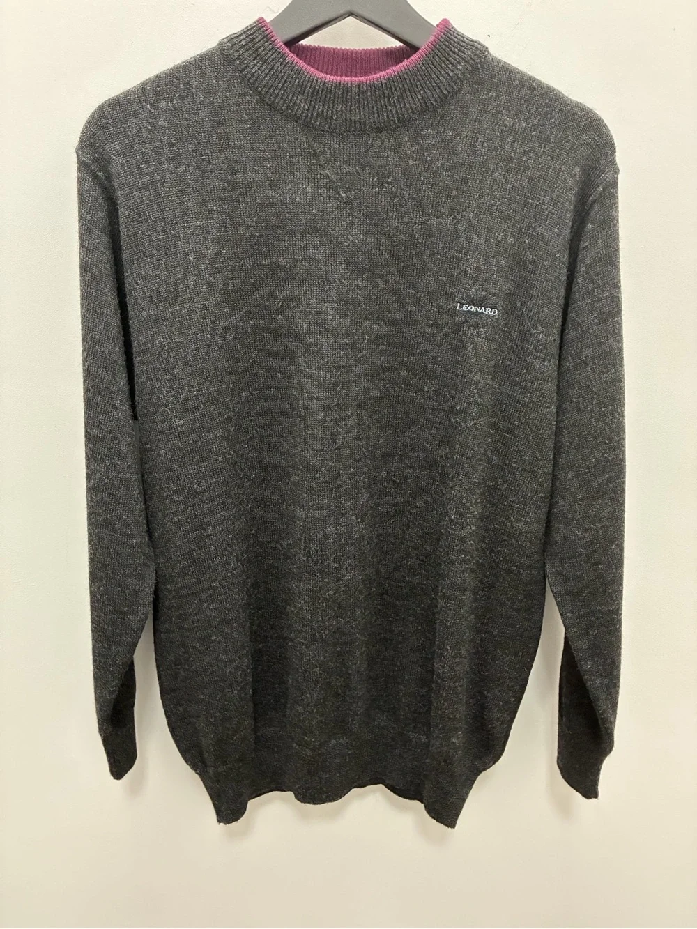 Men's Leonard of Paris Charcoal Crewneck Wool Sweater with Burgundy Trim